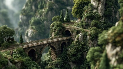 Fototapeta premium Enchanted Mountain Pass Bridge Through Lush Verdant Landscape