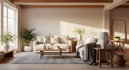 Serene Minimalist Living Room: Warm Sunlight, Neutral Tones, and Natural Textures