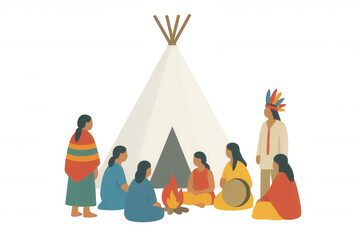 Obraz premium Native americans are gathering around a campfire near their teepee tent in a transparent background illustration