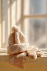 Beige knitted hat scarf and gloves set on yellow wooden background radiates cozy warmth and soft handmade charm.