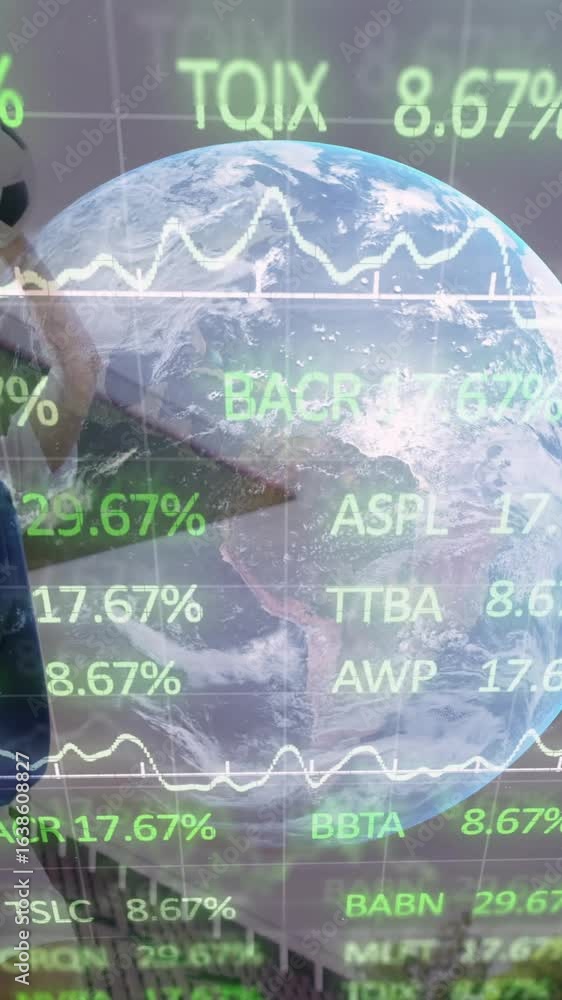 Poster rotating earth animation with stock market data and graphs overlaying visual display