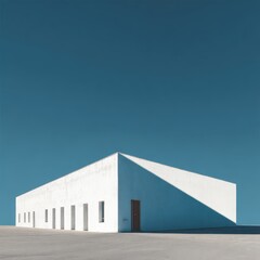 White building under blue sky, sunny day, minimal architecture, desert landscape, architectural design