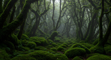 A mystical, moss-covered forest with gnarled, ancient trees and a dense, foggy atmosphere, creating an enchanting and otherworldly natural scene.