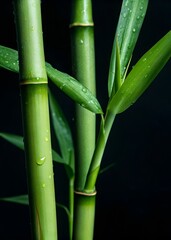 Naklejka premium Green bamboo stems leaves water drops natural freshness
