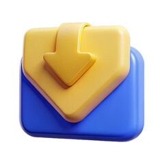 High-Gloss Yellow and Blue 3D Plastic Envelope Icon with Down Arrow on Transparent Background