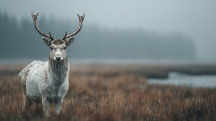 Majestic deer in a foggy landscape, a portrait of nature's beauty and resilience