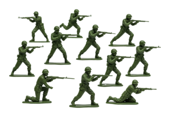 Military action figures in combat pose studio setting plastic toy collection neutral playful concept. Cut out png