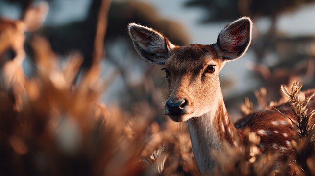 Serene close-up of spotted deer amidst autumnal foliage in nature - Powered by Adobe