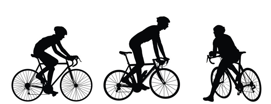 Male bicyclist riding bicycle vector silhouette isolated. Sportsman race teamwork. Giro tour competition. Man rides bicycle standing up. Boy on bike helmet. Biker racing. Outdoor sport recreation.