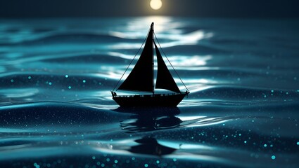 Fototapeta premium Stylized Black Sailboat Silhouette on Abstract Glitter Ocean – Digital Night Seascape Illustration 