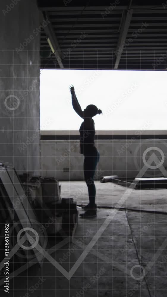 Poster animation of multiple graphs and map over silhouette of woman doing exercise with ball