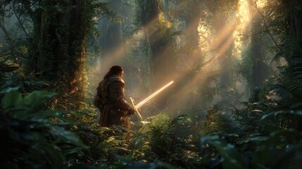 Warrior in Jungle, Sword Drawn, Sunlight, Lush Foliage, Game Promo