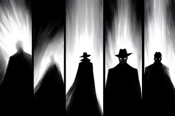 thriller mystery film, panel sequence is mysterious with shadowy figures, creating suspenseful atmosphere