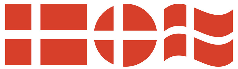 Collection of Denmark flags. Flag of Denmark in circle shape. Waving Denmark national flag.
