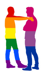 Handsome homosexual couple boys arm holding on shoulder vector silhouette isolated. Gay couple tenderness. Greeting emotional touch closeness hug man love male bisexual. Gay pride LGBT flag free love.