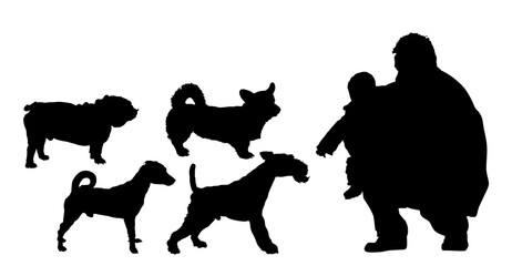 Father carrying baby son and show dogs new pet friends for play vector silhouette isolated. Dad love little boy happy family outdoor. Fathers day. Parent and kid girl closeness. Adopted child enjoy.