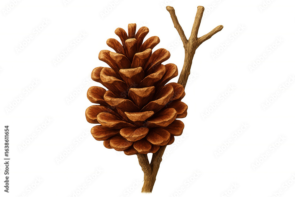 Poster pine cone balanced on slender branch, transparent backdrop highlighting intricate botanical texture 