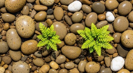 Two small green plants emerging between wet pebbles and rocks