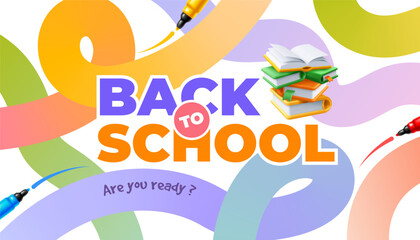 Back to school template. Banner with bright abstract graphic design, text, flat modern simple elements and 3d realistic textbook stack. Education conceptual background. Vector illustration
