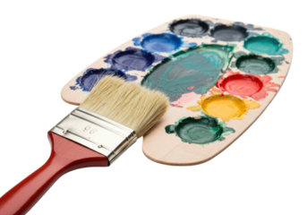 Painting action with brush and palette art studio indoor creative process. Cut out png