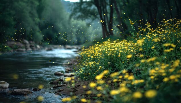 Riverbank flowers, fireflies, night, forest, nature scene, calm