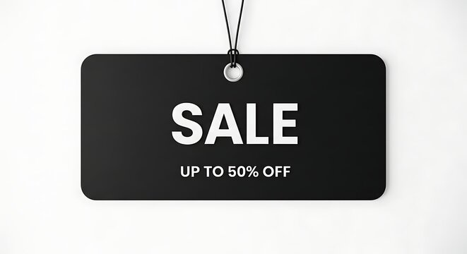 Black Sale Tag with White Text Announcing Up To 50% Off Discount
