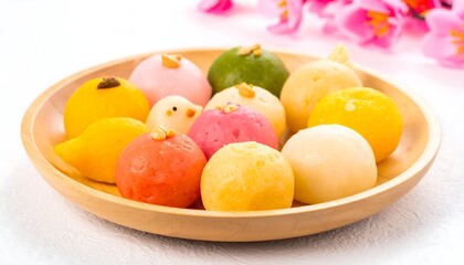 Colorful round treats on a wooden plate