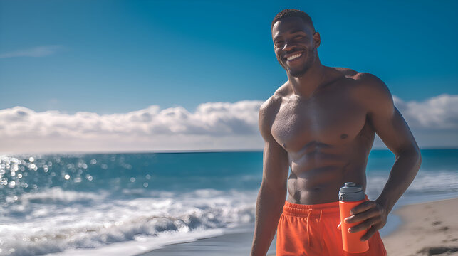 Smiling athlete hydrating on beach after workout