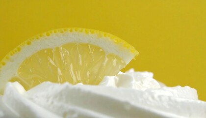 Close-up of a lemon slice on whipped cream.