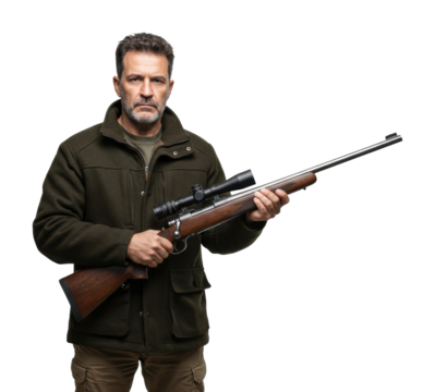 Hunting preparation with a sniper rifle outdoor setting portrait rugged environment sports enthusiasm. Cut out png