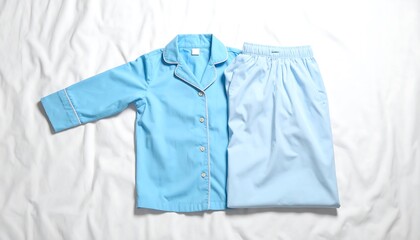 Light blue pajamas set laid on a white bed sheet.