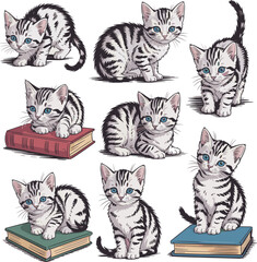 Vintage Tabby Kitten Illustration in Retro Grid Layout &ndash; Classic Line Art on Beige Background