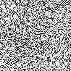 Swirling pattern of small black oval shapes densely packed on a white background creating a vortex effect