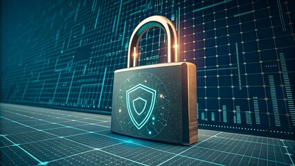 3d padlock with glowing shield symbol in futuristic digital environment with data charts representing cybersecurity, secure access, and data protection

