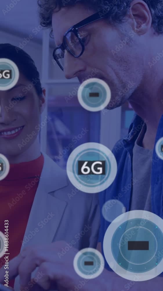 Poster animation of network of connections with icons over diverse people using tablet