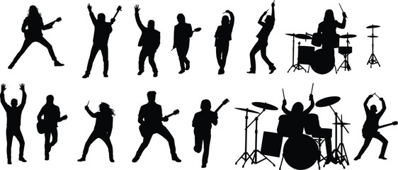 Musician silhouette set, live performance vector, guitar drum clipart, energetic band icons, concert pose illustration, music activity graphic
