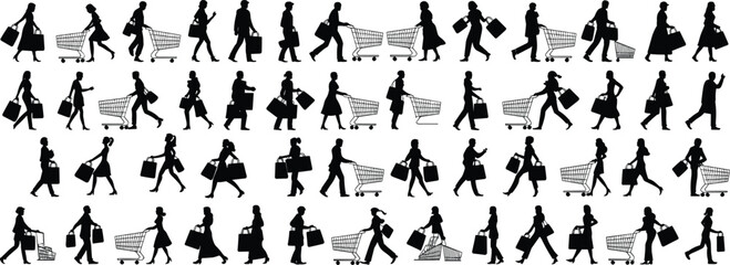 Shopping silhouette set, people with bags, retail activity vector, consumer behavior icons, walking shoppers clipart, market cart illustration © Hasib World