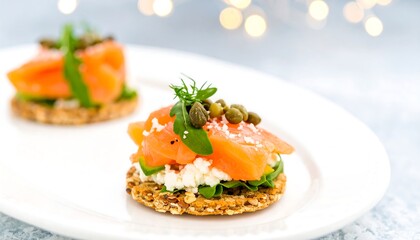 Close-up of smoked salmon appetizers on crackers.