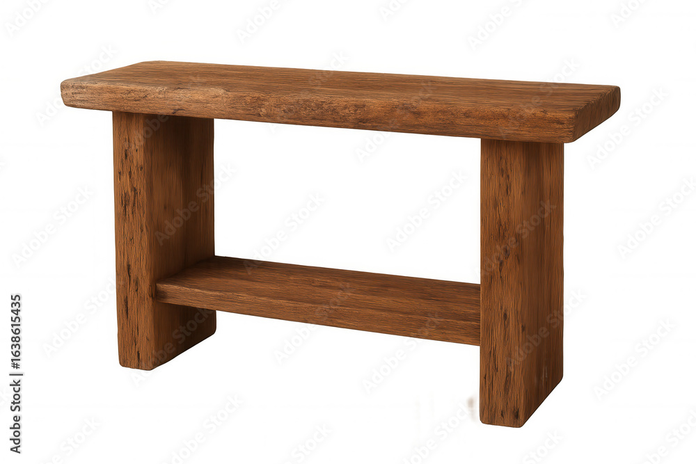 Poster weathered wooden bench with storage shelf, displaying rustic charm against transparent backdrop for 