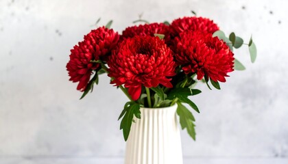 Vibrant Red Chrysanthemums in a White Ribbed Vase Against a Textured Gray Background