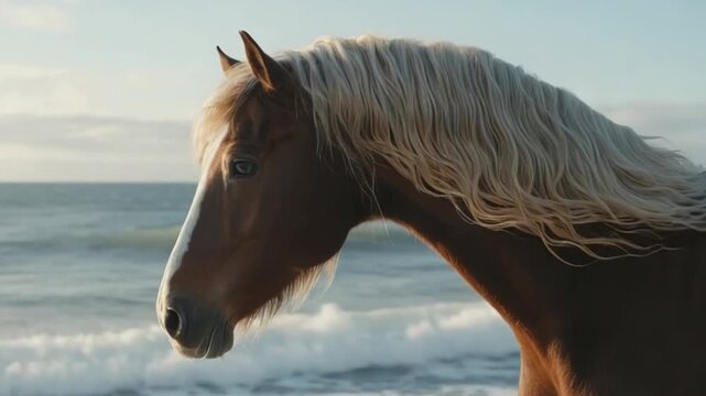 Closeup profile of a majestic brown horse with a flowing blonde mane standing on a beach with the ocean and sky in the background during sunset