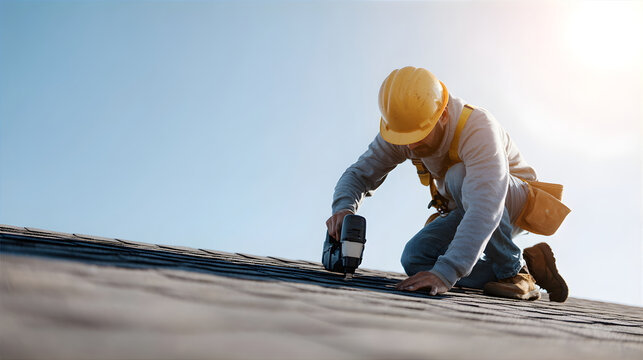 Roofer working on roof with pneumatic nail gun. Professional contractor instaling shingle or asphalt tile. Construction and home repair concept.
