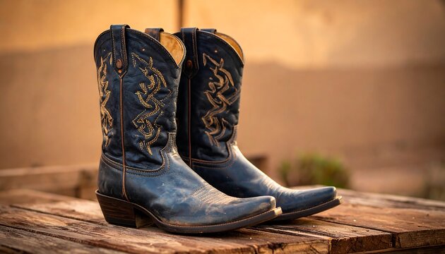Pair of blue cowboy boots with intricate embroidery.