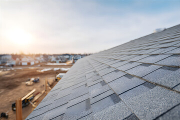 New roof shingles providing durable protection on a residential building under construction....
