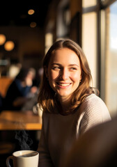 Young Woman in Cozy Café with Warm Morning Light