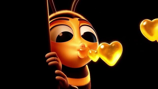 3D cute adorable bee cartoon blowing heart-shaped honey kisses
