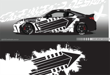 Illustration vector grahic of Car wrap decal with abstract design. Black white colour. Livery car editable. Mockup template sticker vinyl for racing, rally, or daily use.	