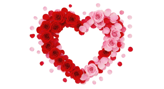 Beautiful Heart Shape Arrangement of Red and Pink Roses and Petals Symbolizing Love and Romance - Powered by Adobe