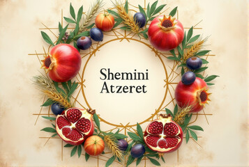 Artistic Shemini Atzeret mandala with interlaced pomegranate blossoms and fig leaves against a soft golden background, celebrating Jewish tradition and spirituality