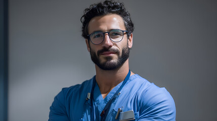 Fototapeta premium Portrait of confident male nurse posing with arms crossed in hospital setting